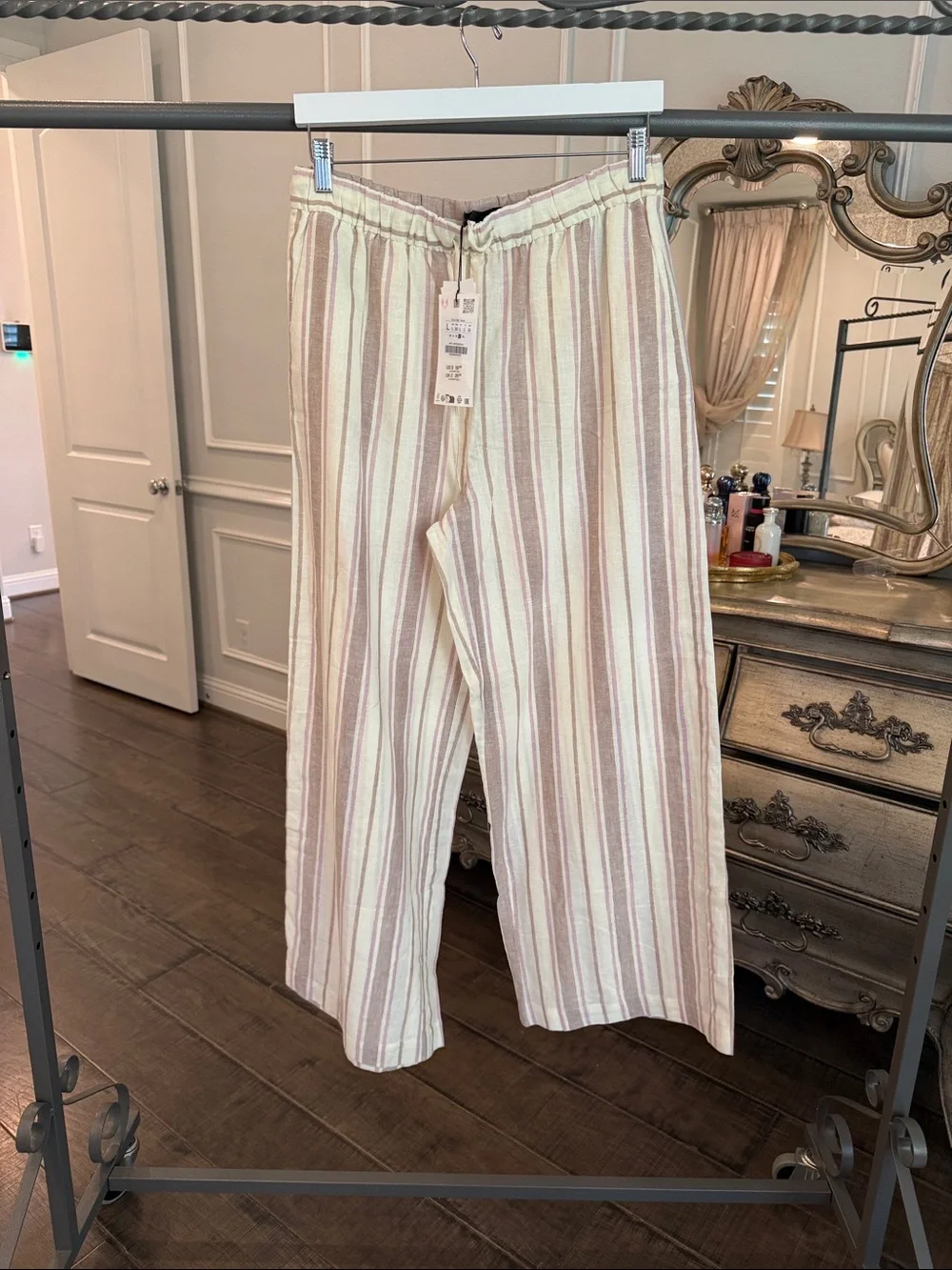 NWT Zara Pink & Cream Striped Wide-Leg Drawstring Pants